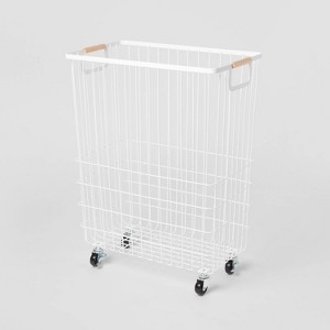 Wire Laundry Hamper, White Mesh, Wood Accent Handles, Mobile Casters