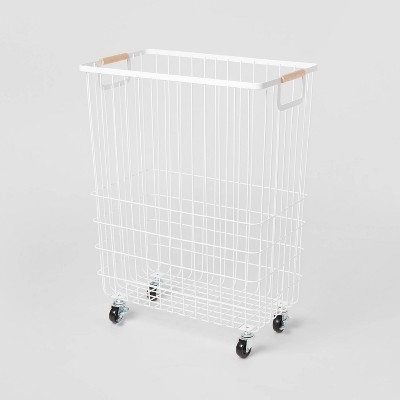 Wire Rolling Laundry Hamper White Wood Handles Minimalist