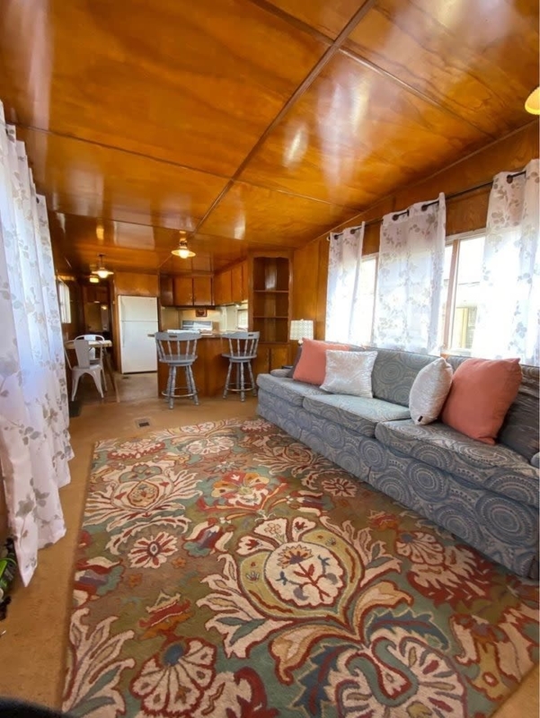 Wood Paneled Narrow Mobile Home Living Room with Floral Rug