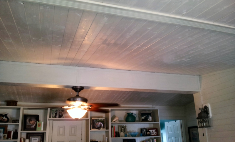 Wood Plank Ceiling: White Painted Finish with Exposed Beam and Shelving