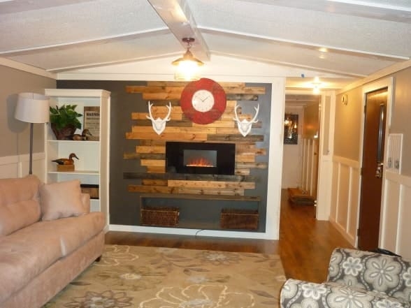 Wood Slat Accent Wall with Integrated Electric Fireplace