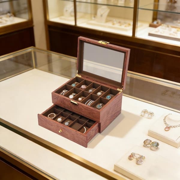 Wood-Toned Jewelry Box Organizer with Mahogany Finish