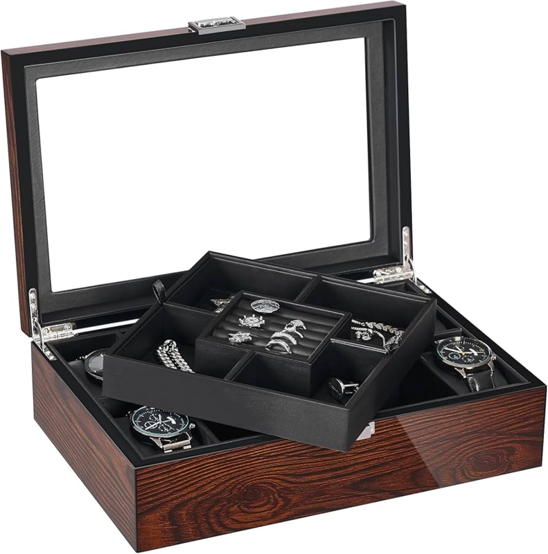 Wood Toned Jewelry Box with Rich Grain Finish Two-Tier Design Glass Lid
