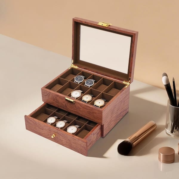 Wood-Toned Watch Box with Glass Top and Gold Hardware