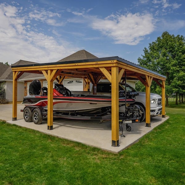 Wooden Carport with Metal Roof, Timber Frame Pavilion Design
