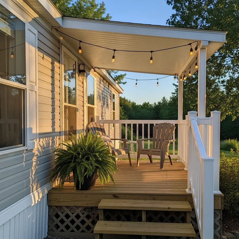 Wooden Deck with String Lights, Lattice Skirting, and White Railing