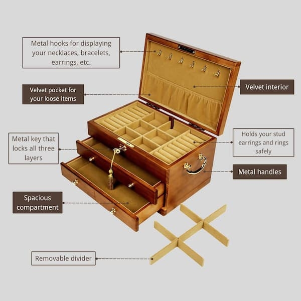 Wooden Jewelry Box with Lock and Key, 2-Drawers, Antique Organizer, Necklace  Hooks, 11.5 x 7.5 x 7 in WK0037 - The Home Depot