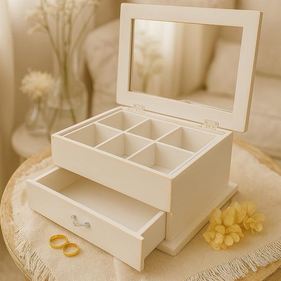 Wooden Jewelry Storage with Drawer Cream Finish and Mirrored Lid