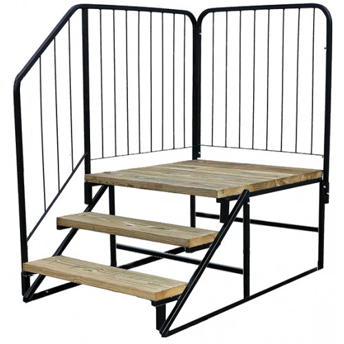 Wooden Platform Steps with Black Metal Frame and Railings
