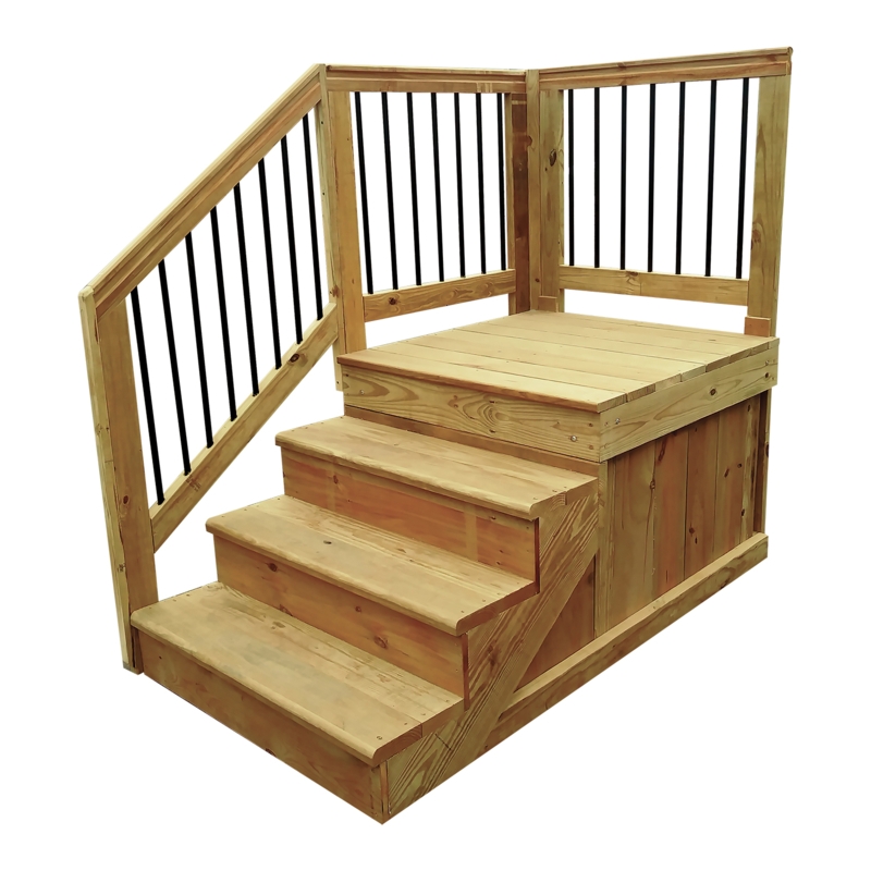 Wooden Steps With Platform Landing and Black Balusters, Enclosed Base