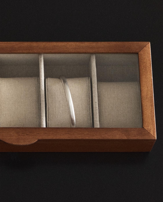 Wooden Watch Box Linen Like Interior Glass Lid Three Compartments Brown