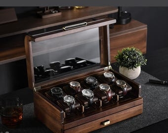 Wooden Watch Box with Drawer Dark Wood Finish and Glass Lid