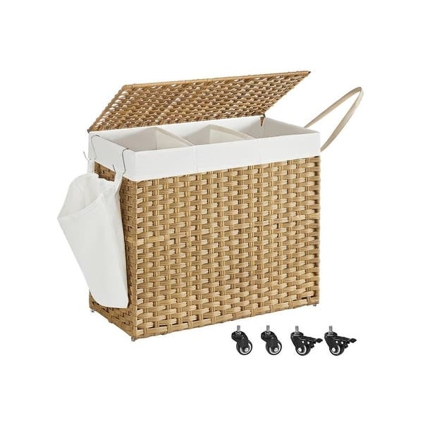Woven Hamper Triple Compartment Lid Rolling Casters Coastal