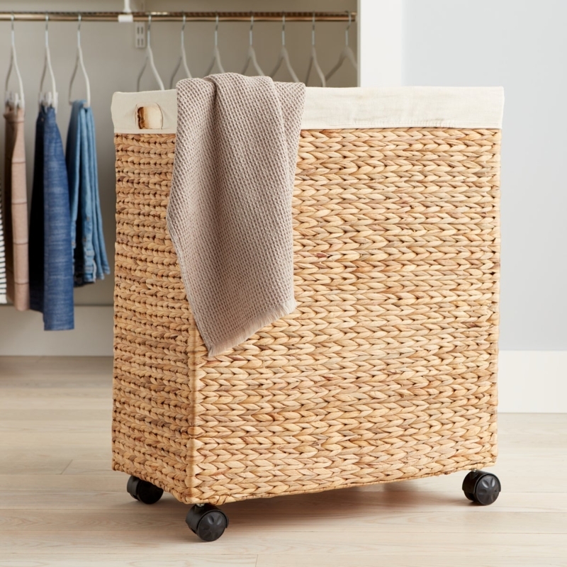 Woven Rolling Laundry Cart Natural Water Hyacinth Liner Boho