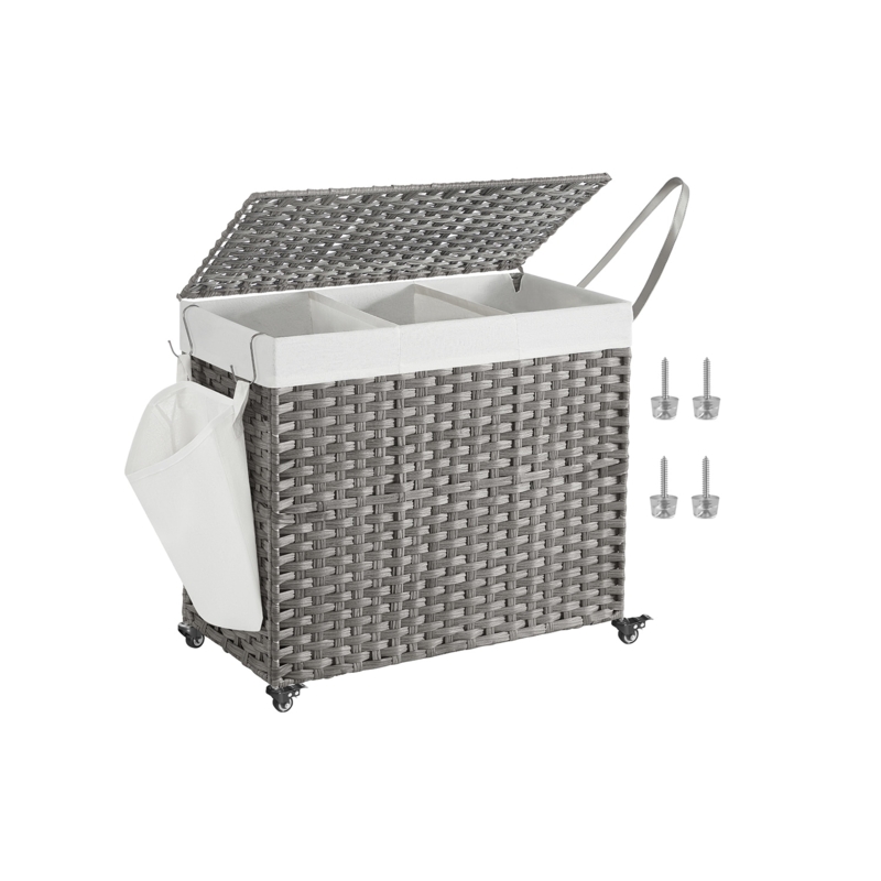 Woven Triple Sorter Gray Lid Side Pocket Pull Handle Modern