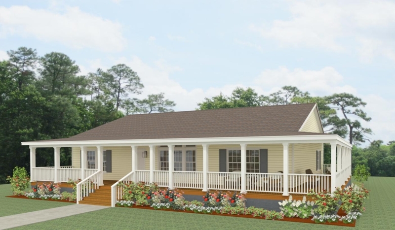 Wrap-Around Porch: White Spindle Railings, Cream Siding, Grey Shutters