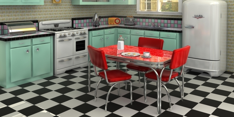 50s Diner Kitchen: Mint Green Cabinets, Red Chrome Set, Checkered Floor