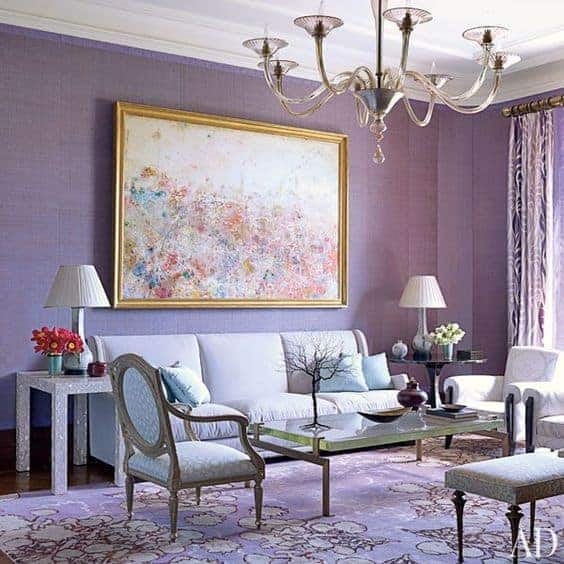 Abstract Art Above White Sofa with Lavender Grasscloth Walls