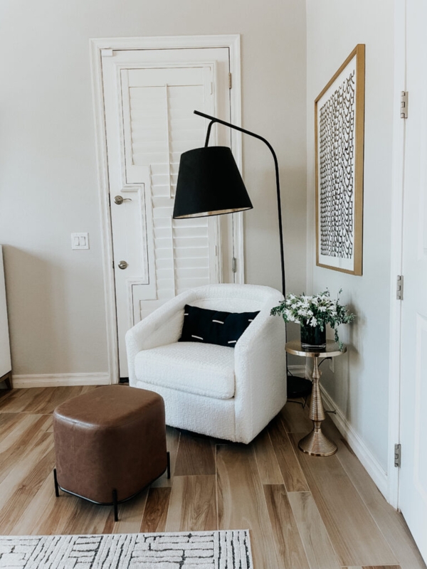 Accent Chair White Boucle Texture with Arched Floor Lamp for Cozy Nook