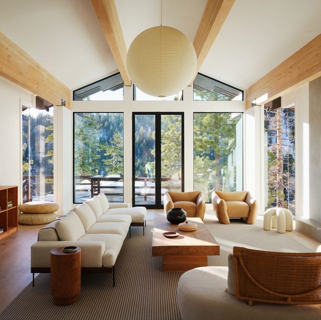 Airy Alpine Living Room with Vaulted Wood Beams and Forest Views