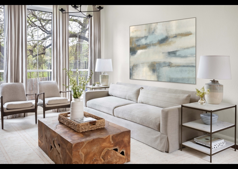 Airy Living Room: Wood Block Coffee Table & Art