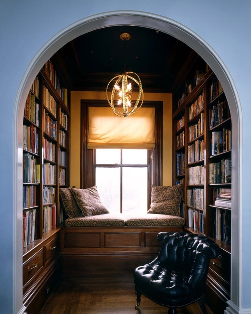 Alcove Library Nook with Starry Ceiling Mural and Gold Orb Chandelier