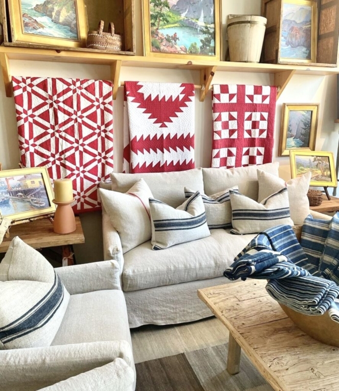 Americana Living Room: Red and White Quilts & Rustic Wood Table