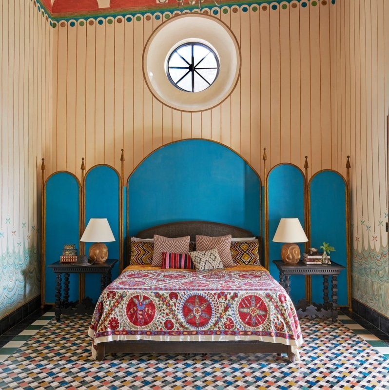 Arched Blue Backdrop Bed with Suzani Bedspread, Hacienda Design