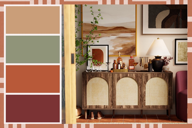Arched Cane Sideboard with Wood Tones in a Boho Chic Terracotta Room.