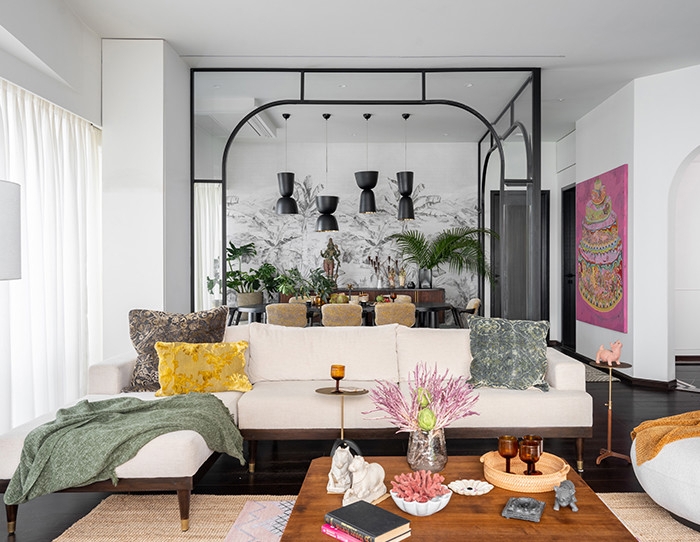 Arched Glass Partition Design with Monochrome Jungle Wall Mural
