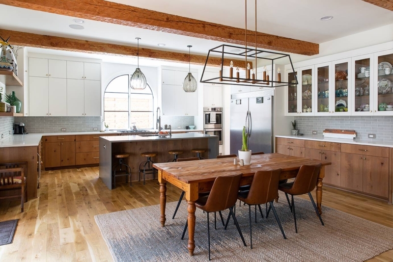 Arched Window Kitchen Design: Exposed Beams & Linear Chandelier Dining
