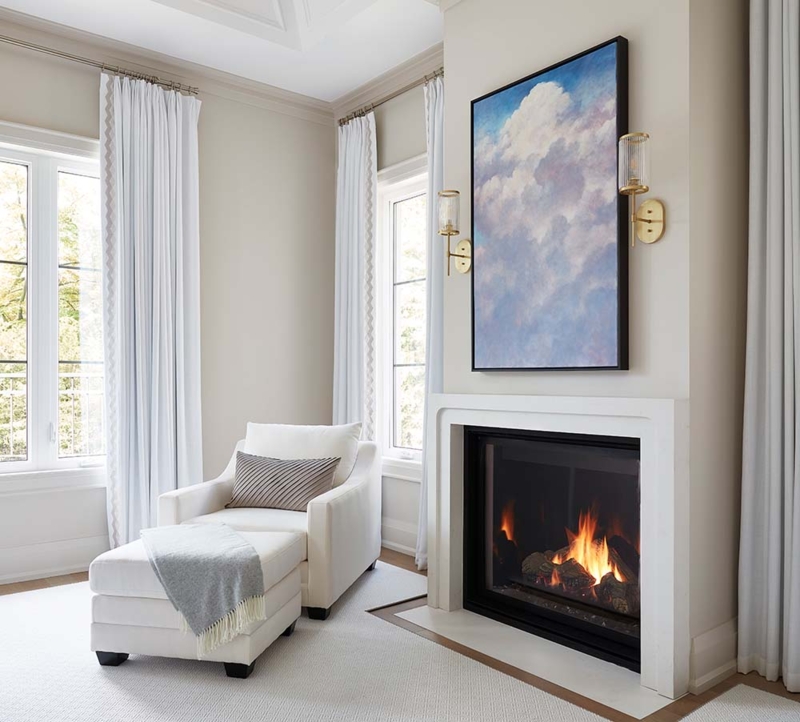 Armchair & Ottoman Set: Off-White Fabric with Large Cloud Art Backdrop.