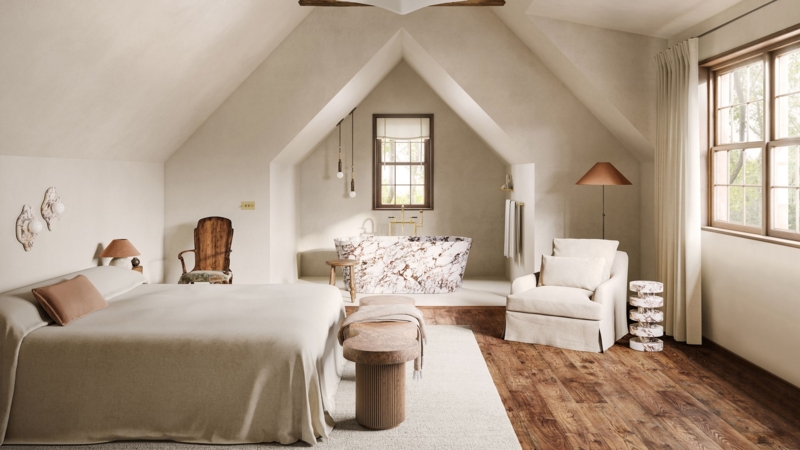 Attic Bedroom Suite with Marbled Bathtub & Sloped Ceiling Peaks