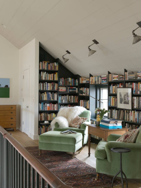 Attic Reading Nook: Moss Green Velvet Seating under Sloped Ceilings