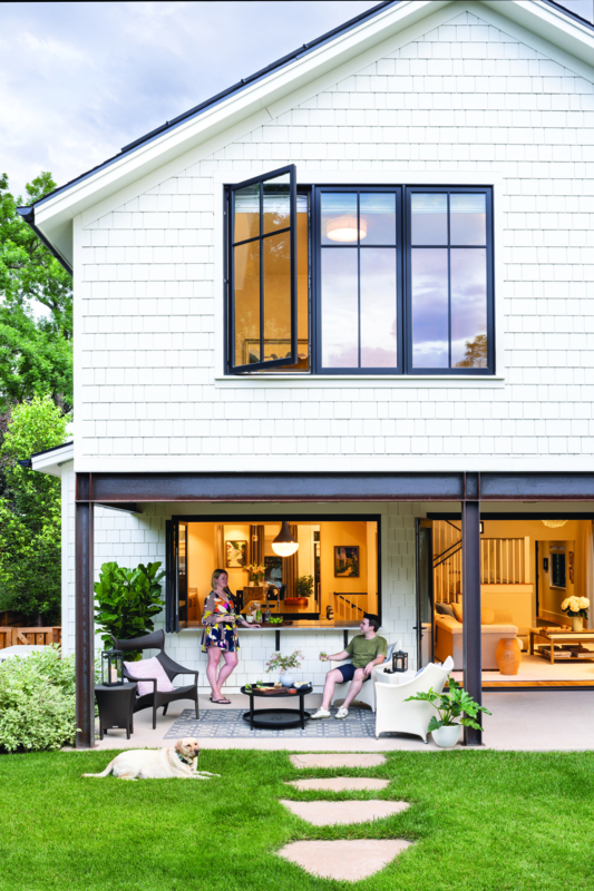 Backyard Patio Design with Pass-Through Window & Exposed Steel Beam