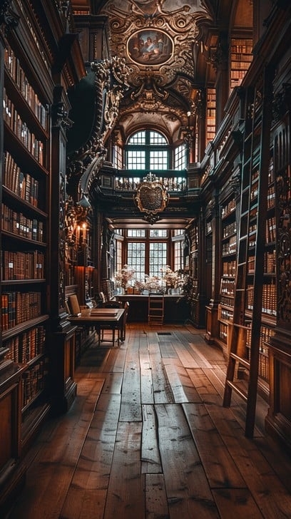 Baroque Style Study Inspiration with Ornate Carved Ceiling