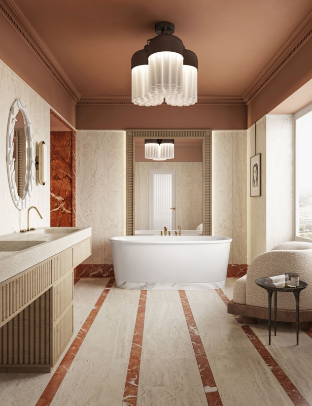 Bathroom Design: Terracotta Ceiling and Fluted Wood Vanity Detail
