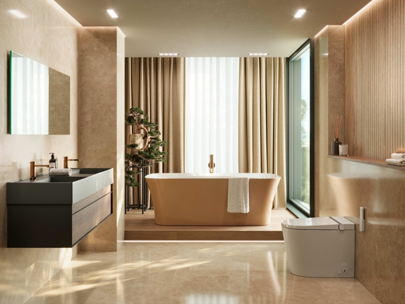 Bathroom Ideas: Ribbed Wall Paneling and Charcoal Floating Vanity
