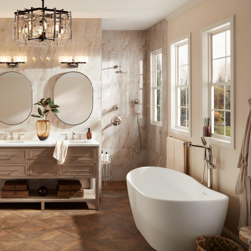 Bathroom Inspiration: Parquet Wood Floor and Double Oval Mirrors