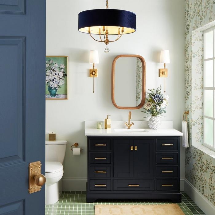 Bathroom Vanity Black Cabinet Gold Hardware Leafy Wallpaper Green Grid Tile