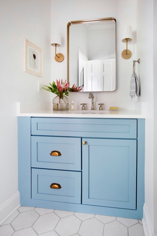 Bathroom Vanity Light Blue Shaker Cabinets Brass Hardware Hexagonal Tile