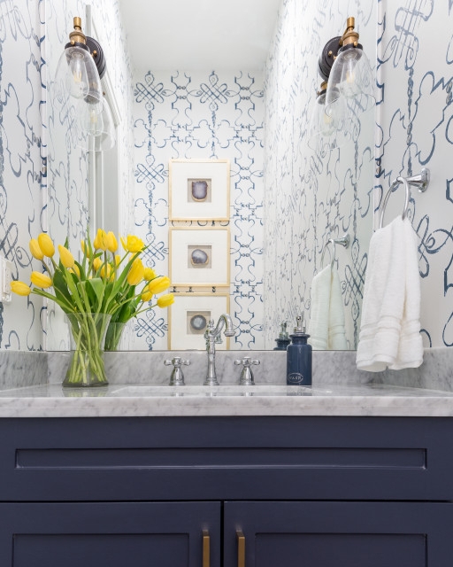 Bathroom Vanity Navy Shaker Patterned Wallpaper Stacked Art Ideas
