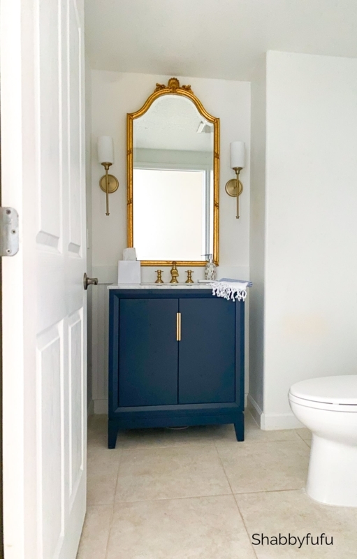 Bathroom Vanity Ornate Gold Mirror Navy Cabinets Vertical Pulls