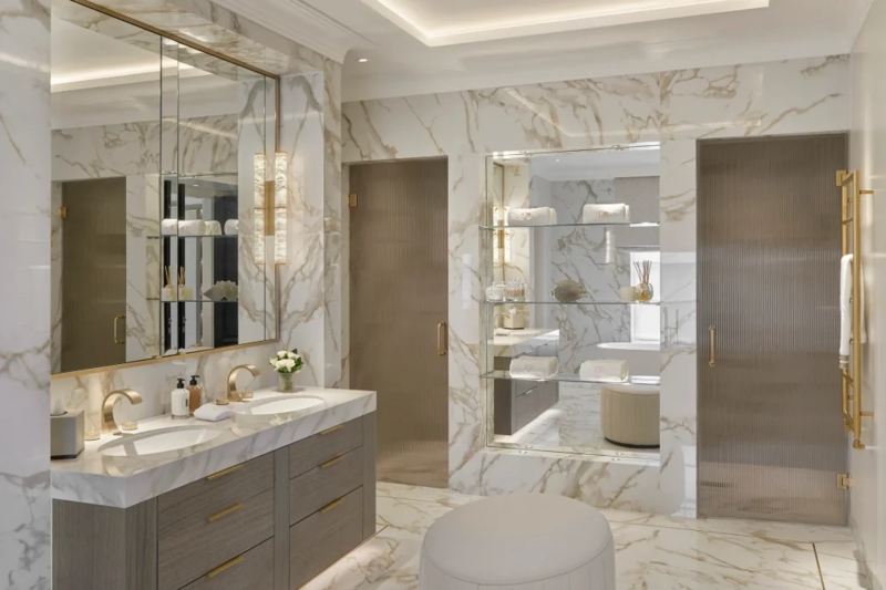 Bathroom Vanity: Ribbed Glass Shower Doors and Large Marble Slabs