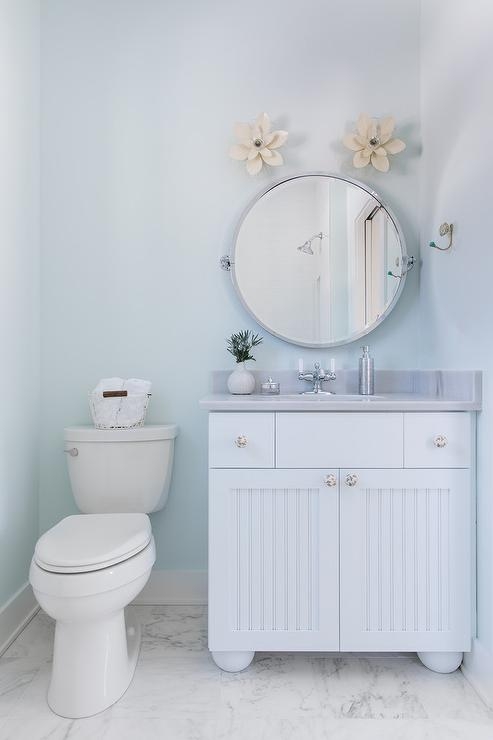 Bathroom Vanity White Beadboard Cabinet Bun Feet Pale Blue Walls