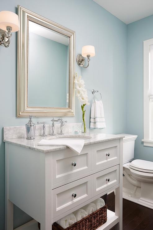 Bathroom Vanity White Marble Top Sky Blue Walls Open Shelf