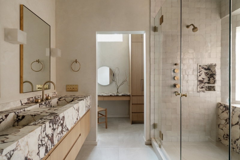 Bathroom Vanity with Purple Veined Stone and Integrated Sinks
