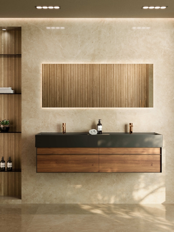 Bathroom Vanity with Ribbed Drawers and Backlit Rectangular Mirror