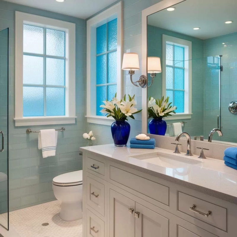 Bathroom Vanity with Subway Tile, Cobalt Accents and Frosted Windows