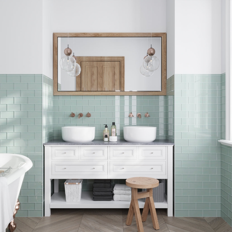 Bathroom Vanity with Vessel Sinks, Subway Tiles and Copper Faucets